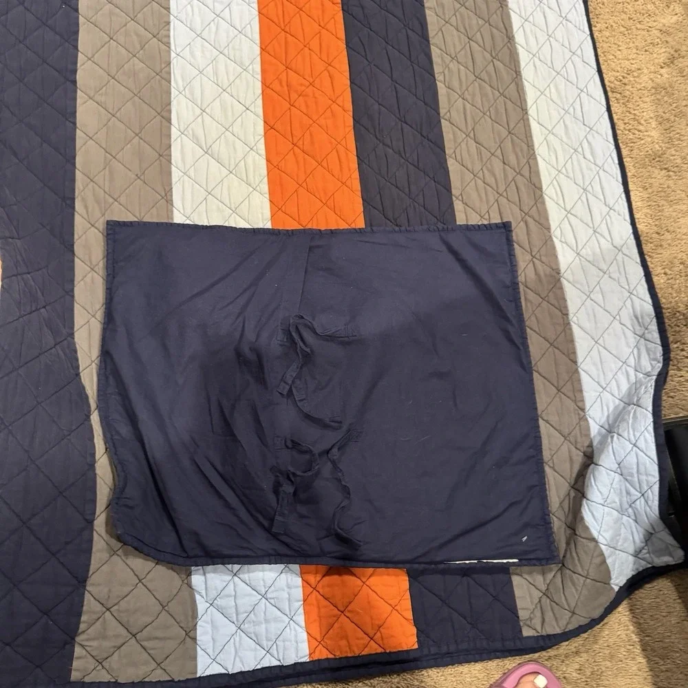 Pottery Barn Kids Orange Blue Gray Block Stripe Quilt Comforter Sham Twin XL Ful